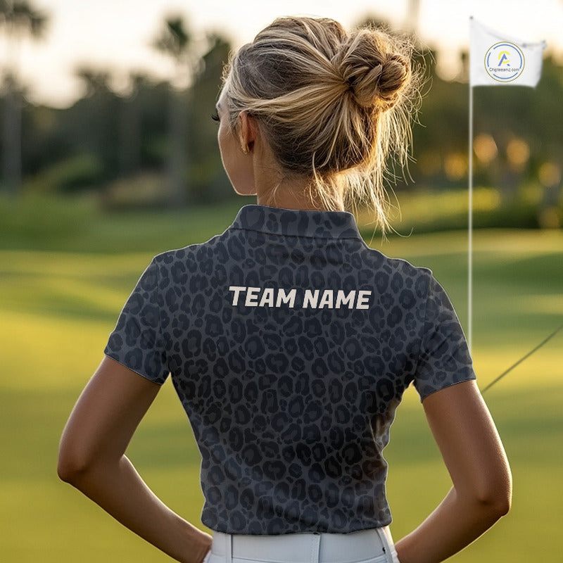 Black Leopard Womens Golf Polo Shirt Personalized Yellow Argyle Pattern Golf Team Outfits NYN3395
