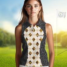Load image into Gallery viewer, Black Leopard Womens Golf Sleeveless Polo Shirt Personalized Yellow Argyle Pattern Golf Team Outfits NYN3395