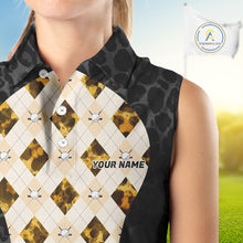 Load image into Gallery viewer, Black Leopard Womens Golf Sleeveless Polo Shirt Personalized Yellow Argyle Pattern Golf Team Outfits NYN3395