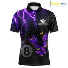 Load image into Gallery viewer, Men's billiard polo featuring neon butterflies, purple thunder and glowing 8 ball artwork, personalized performance pool apparel for APA leagues, BCA tournaments, butterfly lovers and fantasy sports fans, symbolizing transformation, power and competitive excellence.