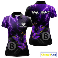 Load image into Gallery viewer, Women's billiard polo featuring neon butterflies, purple thunder and realistic 8 ball graphics, custom pool shirt for league play, tournaments, billiard clubs, fantasy art fans and modern sports fashion