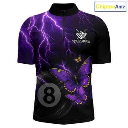 Men's quarter-zip billiard jersey featuring neon butterflies, purple lightning and realistic 8 ball graphics, custom tournament apparel for APA teams, professional pool players and championship competition, representing energy, precision and victory.