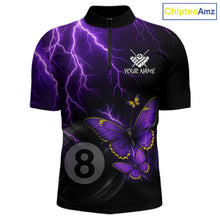 Load image into Gallery viewer, Men's quarter-zip billiard jersey featuring neon butterflies, purple lightning and realistic 8 ball graphics, custom tournament apparel for APA teams, professional pool players and championship competition, representing energy, precision and victory.