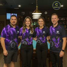 Load image into Gallery viewer, Men women billiard team wearing matching neon butterfly jerseys for APA league, BCA tournament and team competition, representing unity, transformation, confidence and championship spirit.