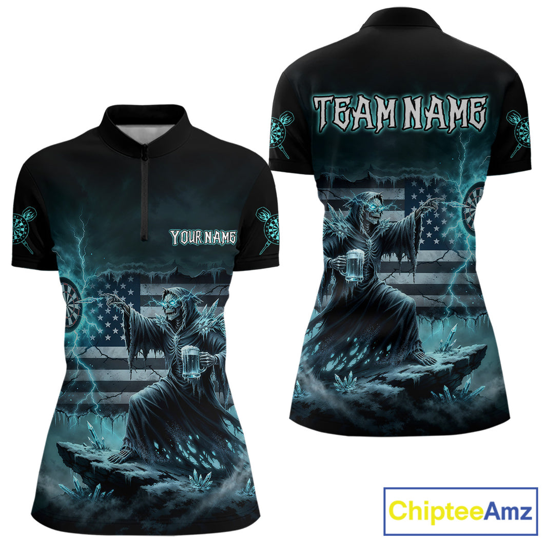 Custom Lightning Turquoise Grim Reaper Beer Funny Women Darts Quarter-Zip Shirt US Flag Dart Jerseys NYN1836