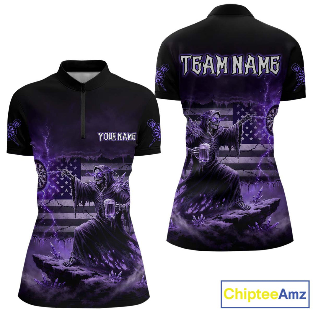 Custom Lightning Purple Grim Reaper Beer Funny Women Darts Quarter-Zip Shirt US Flag Dart Jerseys NYN1837