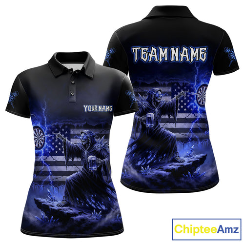 Custom Lightning Blue Grim Reaper Beer Funny Women Darts Polo Shirt US Flag Dart Jerseys NYN1838