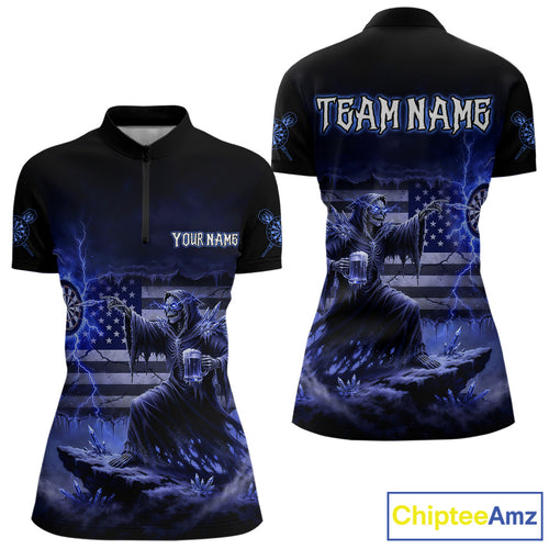 Custom Lightning Blue Grim Reaper Beer Funny Women Darts Quarter-Zip Shirt US Flag Dart Jerseys NYN1838