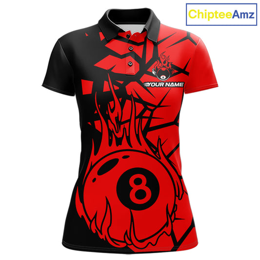 Black And Red Cracked Flaming Pool 8 Ball Women Billiard Shirt Custom Ball Billiard Team Attire NYN2625