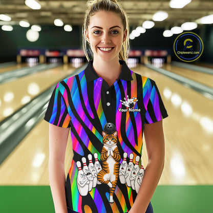 Rainbow Holographic Bowling Polo 1/4-Zip Shirts For Women Custom Funny Cat Bowling Pins Team Shirt NYN3930