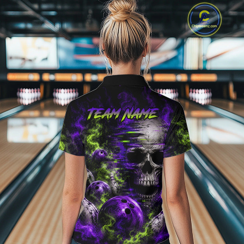 Custom Green & Purple Smoke Skull Bowling Shirts For Women Retro Skull Bowling Tournament Shirt NYN3945