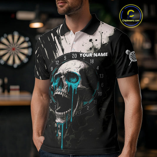 Custom Black Turquoise Dripping Skull Dartboard Dart Men Polo Shirt Grunge Dart Jerseys NYN1564