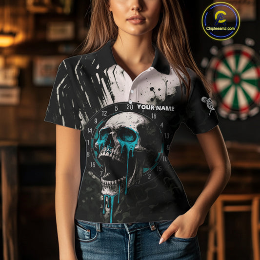 Custom Black Turquoise Dripping Skull Dartboard Dart Women Polo Shirt Grunge Dart Jerseys NYN1564