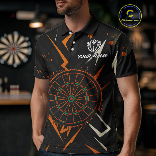 Custom Black Orange Dartboard Grunge Dart Men Polo Shirt Dart Tournament Jerseys NYN1567