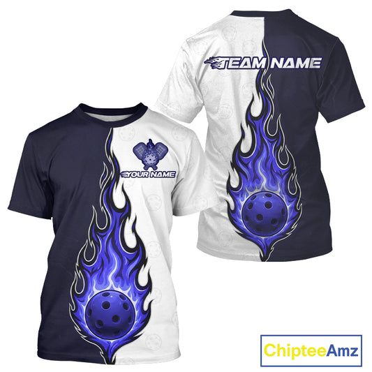 Custom White And Blue Flames Pickleball Ball T-Shirt Men's Pickleball Jersey NYN1880