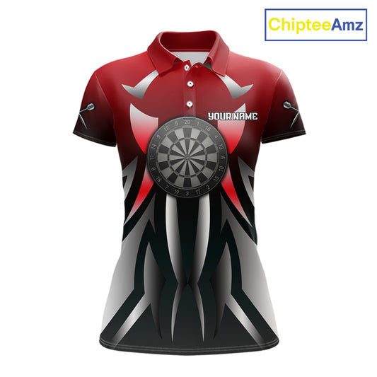 Red And Gradient Silver Darts Polo & 1/4-Zip Shirt For Women Custom Name Dart Jersey For Darters NYN3003