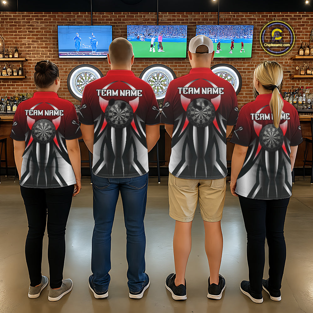 Red And Gradient Silver Darts Polo & 1/4-Zip Shirt For Men Custom Name Dart Jersey For Darters NYN3003