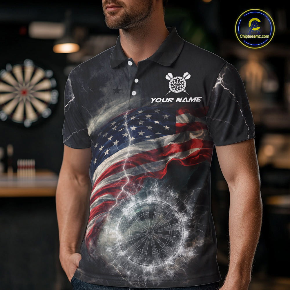 Custom American Flag Tornado White Thunder Darts Men Polo & 1/4-Zip Shirts Dart Team Jerseys NYN2807