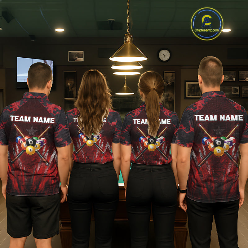 Personalized Gunge 8 Ball Pool Billiard Polo & 1/4 Zip For Men Custom Red Camoflage Billiard Attire NYN3017