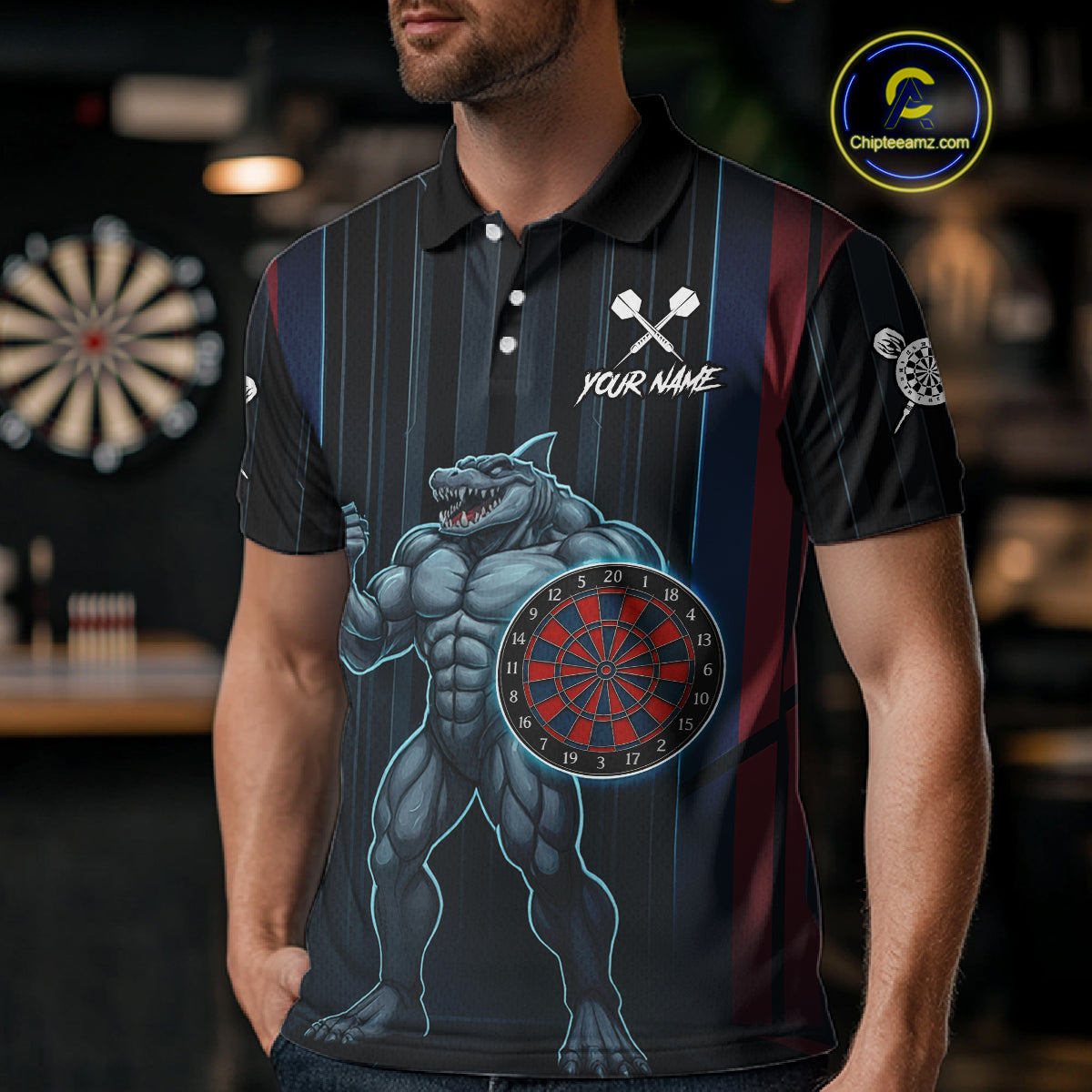Funny Blue & Red Shark Dartboard Custom Men Darts Polo Shirt Dart Tournament Jerseys NYN1905