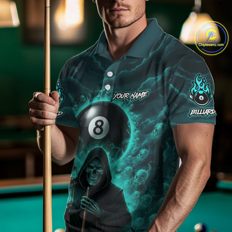 Teal Thunder Grim Reaper 8 Ball Pool Men Polo & 1/4-Zip Shirt Custom Billiard Ball & Cue Gifts NYN2436