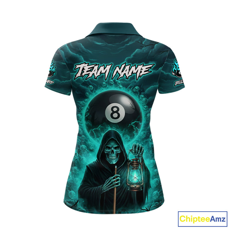 Teal Thunder Grim Reaper 8 Ball Pool Women Polo & 1/4-Zip Shirt Custom Billiard Ball & Cue Gifts NYN2436