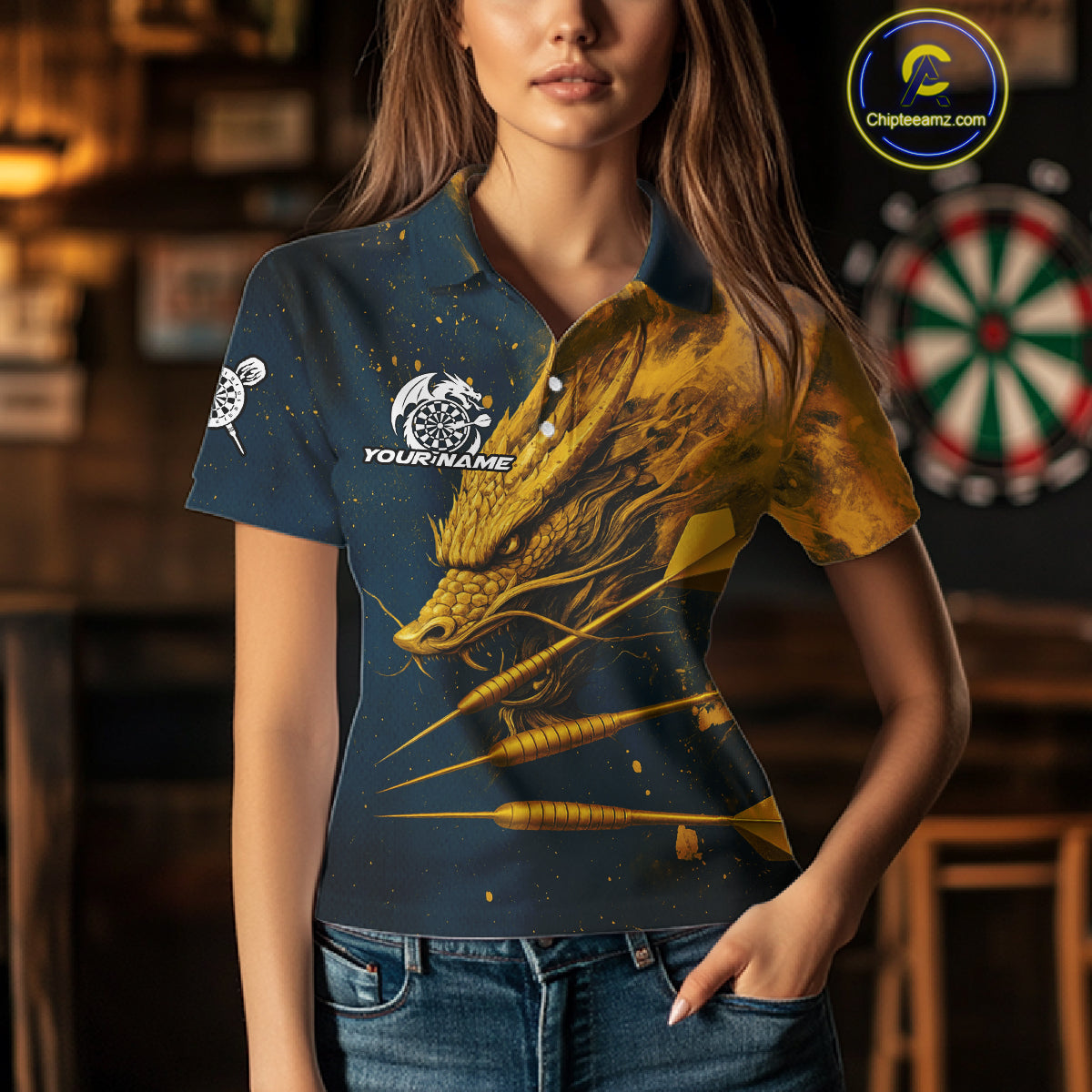 Custom Blue And Gold Dragon Dart Arrow Dart Women Polo Shirt Grunge Dart Team Jerseys NYN1624