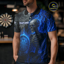 Load image into Gallery viewer, Custom Grey And Blue Flames Dartboard Skeleton Dart Men Polo Shirt Dart Team Jerseys NYN1628