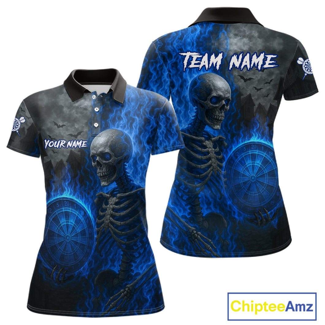 Custom Grey And Blue Flames Dartboard Skeleton Dart Women Polo Shirt Dart Team Jerseys NYN1628