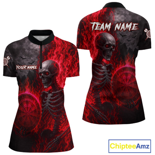 Custom Grey And Red Flames Dartboard Skeleton Dart Women Quarter-Zip Shirt Dart Team Jerseys NYN1629
