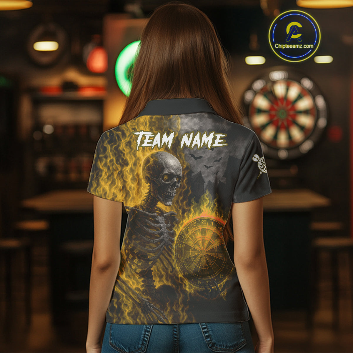 Custom Grey And Yellow Flames Dartboard Skeleton Dart Women Polo Shirt Dart Team Jerseys NYN1630