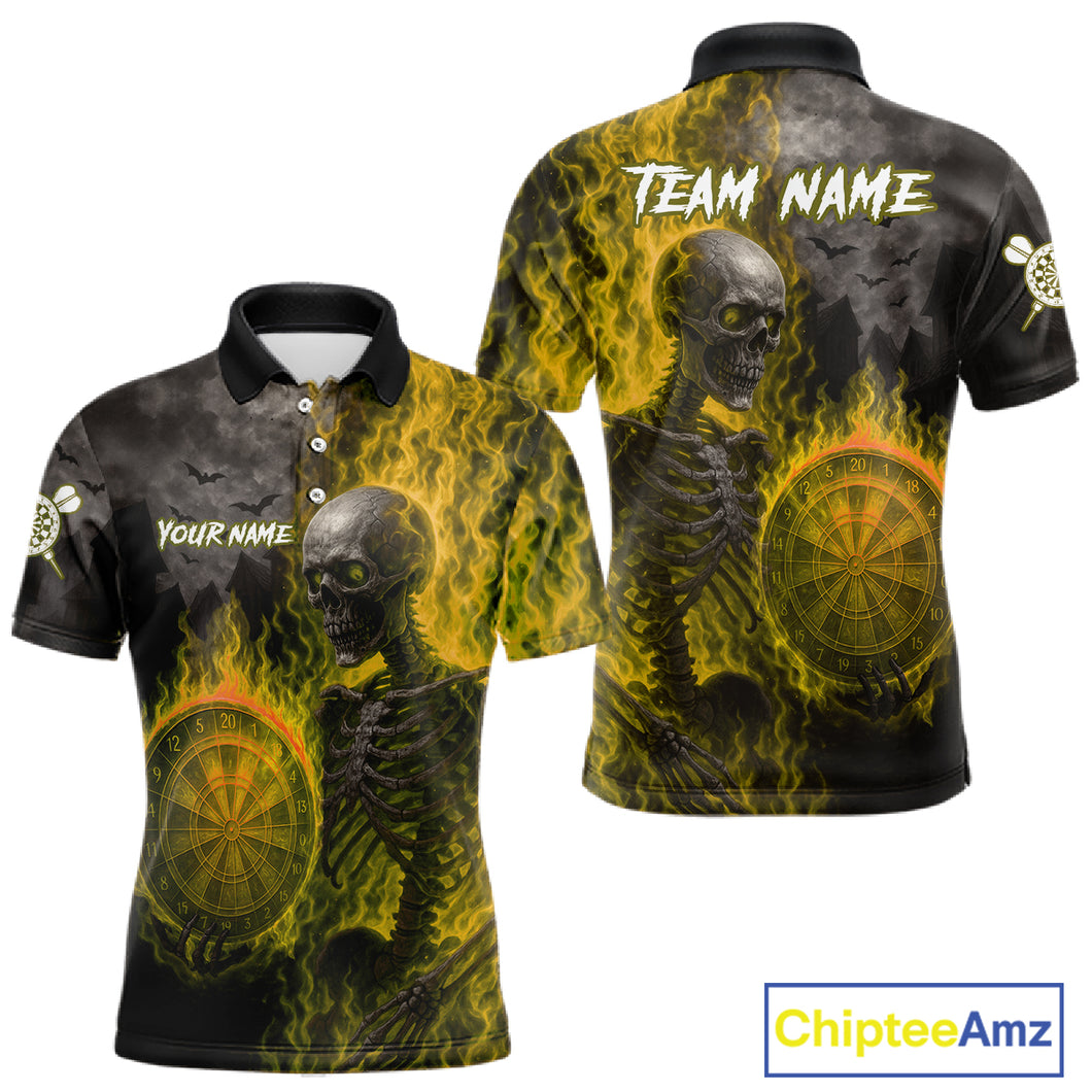Custom Grey And Yellow Flames Dartboard Skeleton Dart Men Polo Shirt Dart Team Jerseys NYN1630