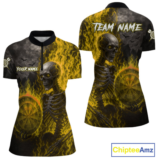 Custom Grey And Yellow Flames Dartboard Skeleton Dart Women Quarter-Zip Shirt Dart Team Jerseys NYN1630