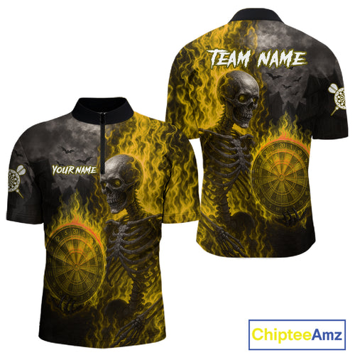 Custom Grey And Yellow Flames Dartboard Skeleton Dart Men Quarter-Zip Shirt Dart Team Jerseys NYN1630