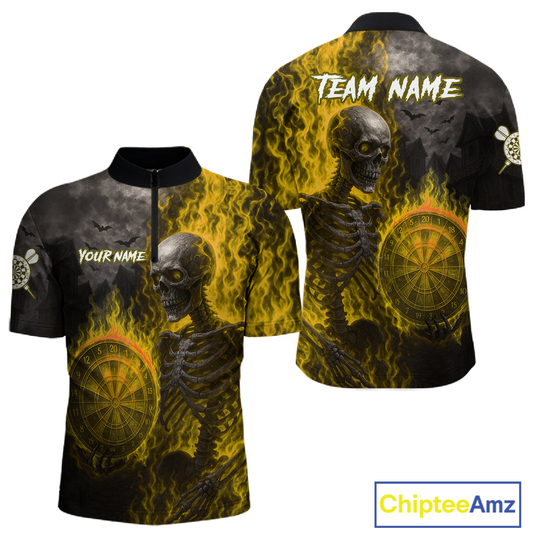 Custom Grey And Yellow Flames Dartboard Skeleton Dart Men Quarter-Zip Shirt Dart Team Jerseys NYN1630