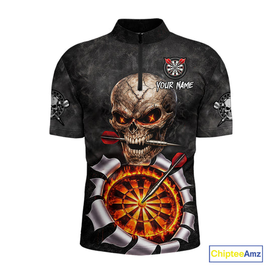 Custom Smoke Grunge Skull Torn Fire Flame Darts Polo & Quarter-Zip Shirts For Men Dart Team Jerseys NYN2822