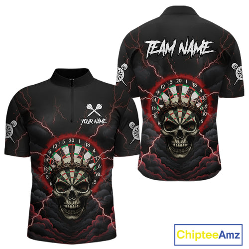 Custom Lightning Red Smokes Skull Dartboard Men Darts Quarter-Zip Shirt Skull Dart Jerseys NYN1916