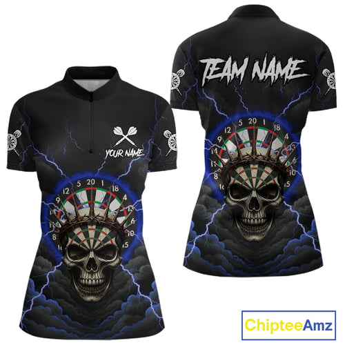 Custom Lightning Blue Smokes Skull Dartboard Women Darts Quarter-Zip Shirt Skull Dart Jerseys NYN1917
