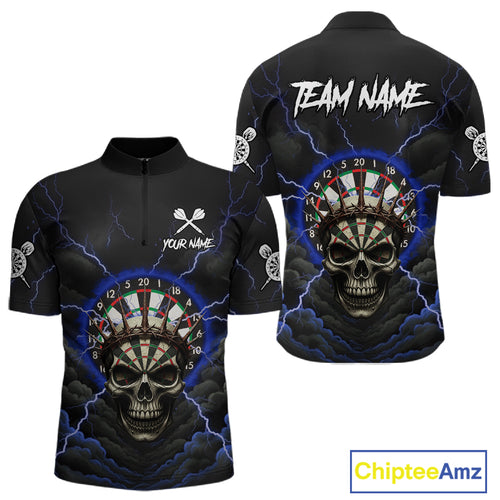 Custom Lightning Blue Smokes Skull Dartboard Men Darts Quarter-Zip Shirt Skull Dart Jerseys NYN1917