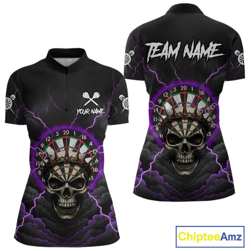 Custom Lightning Purple Smokes Skull Dartboard Women Darts Quarter-Zip Shirt Skull Dart Jerseys NYN1918