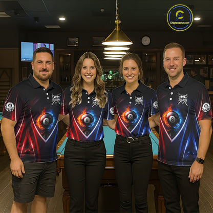 Blue And Red Flames 8 Ball Pool Men Polo & 1/4-Zip Team Shirts Custom Billiards Ball Apparel NYN2457