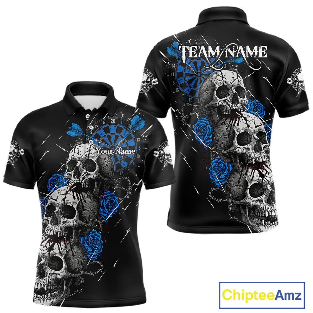 Custom Blue Roses Blood Dripping Skull Dartboard Men Darts Polo Shirt Dart Jerseys NYN1926