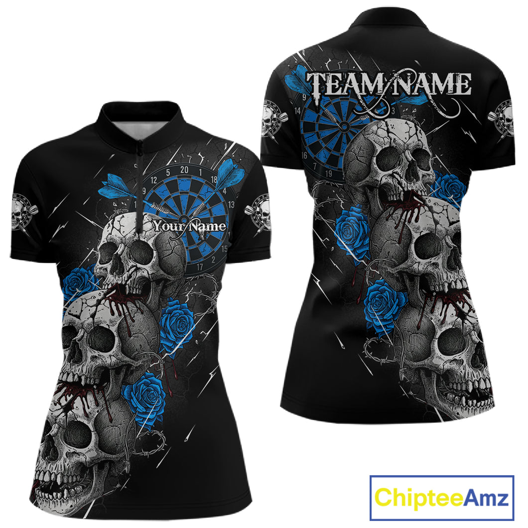 Custom Blue Roses Blood Dripping Skull Dartboard Women Darts Quarter-Zip Shirt Dart Jerseys NYN1926