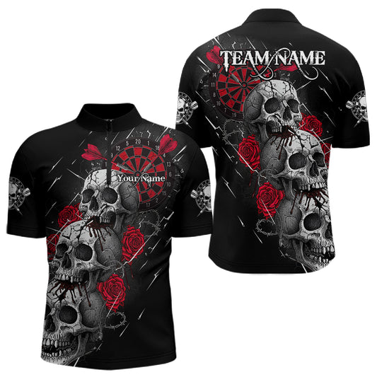 Custom Red Roses Blood Dripping Skull Dartboard Men Darts Quarter-Zip Shirt  Dart Jerseys NYN1927
