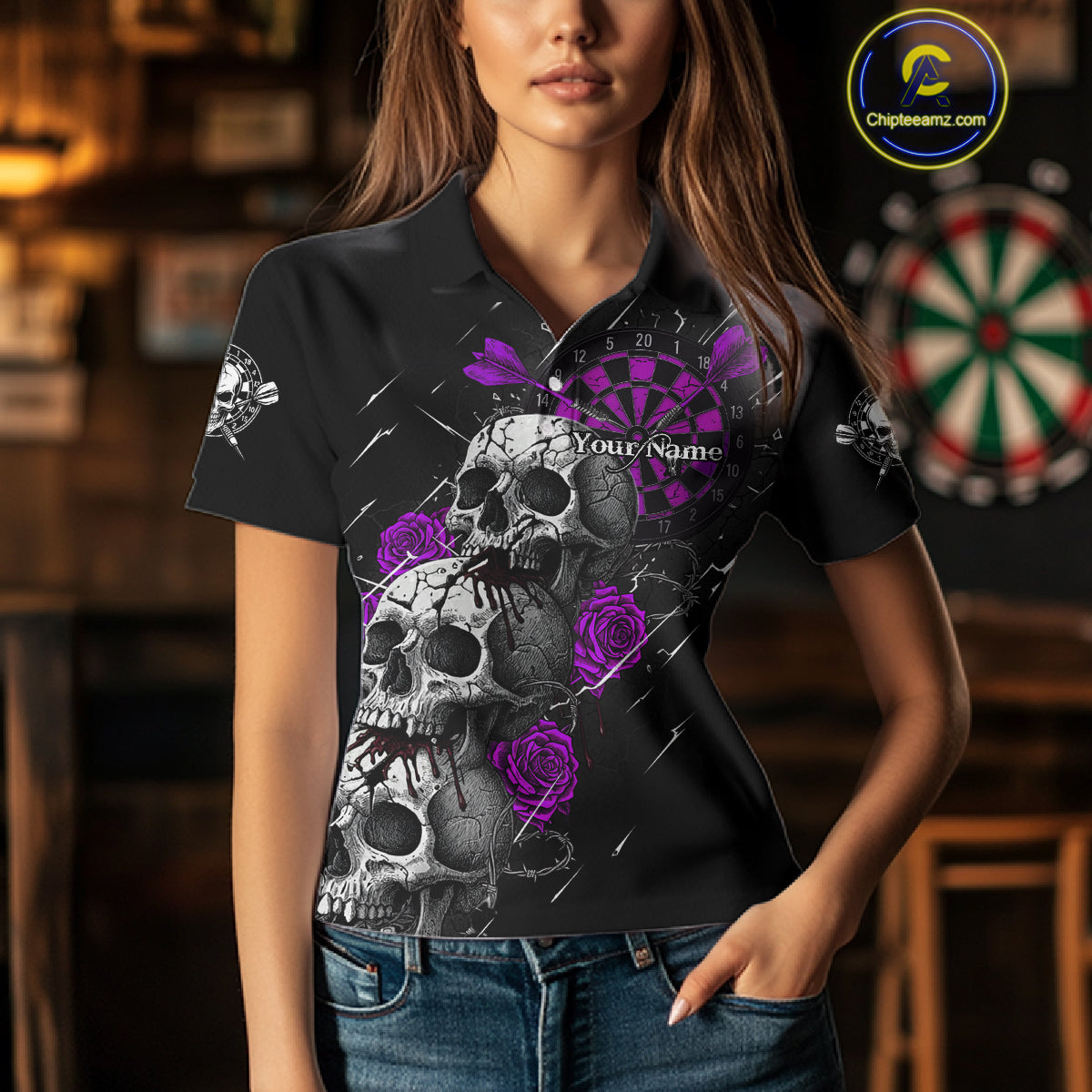 Custom Purple Roses Blood Dripping Skull Dartboard Women Darts Polo Shirt  Dart Jerseys NYN1928
