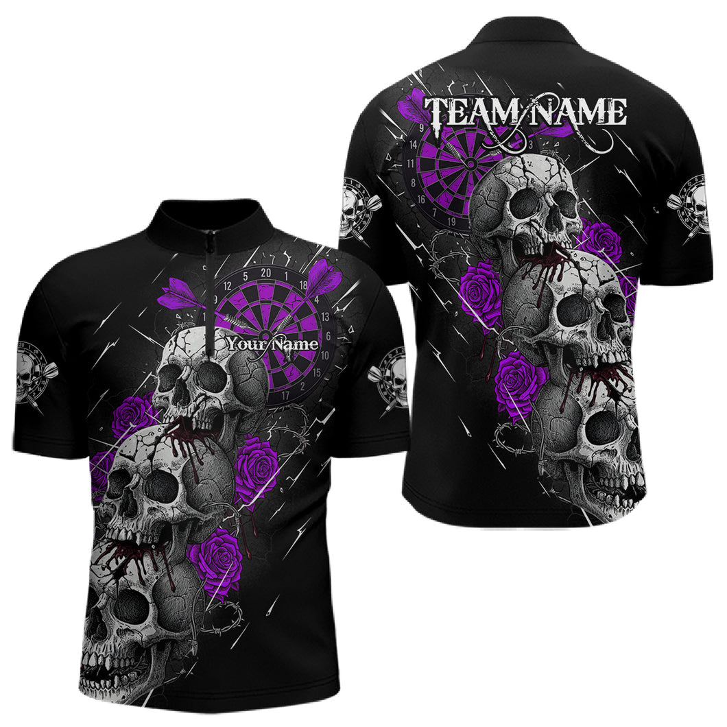 Custom Purple Roses Blood Dripping Skull Dartboard Men Darts Quarter-Zip Shirt  Dart Jerseys NYN1928