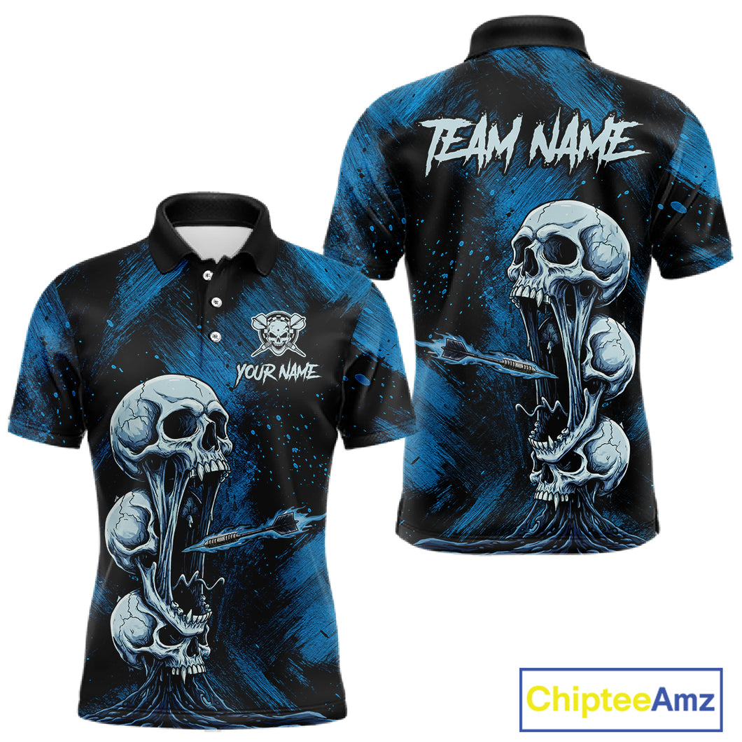 Custom Blue Grunge Creepy Skull Flame Dart Arrow Men Darts Polo Shirt Dart Jerseys NYN1938