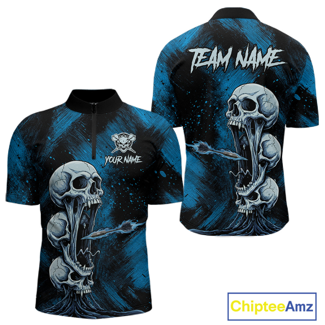 Custom Blue Grunge Creepy Skull Flame Dart Arrow Men Darts Quarter-Zip Shirt Dart Jerseys NYN1938