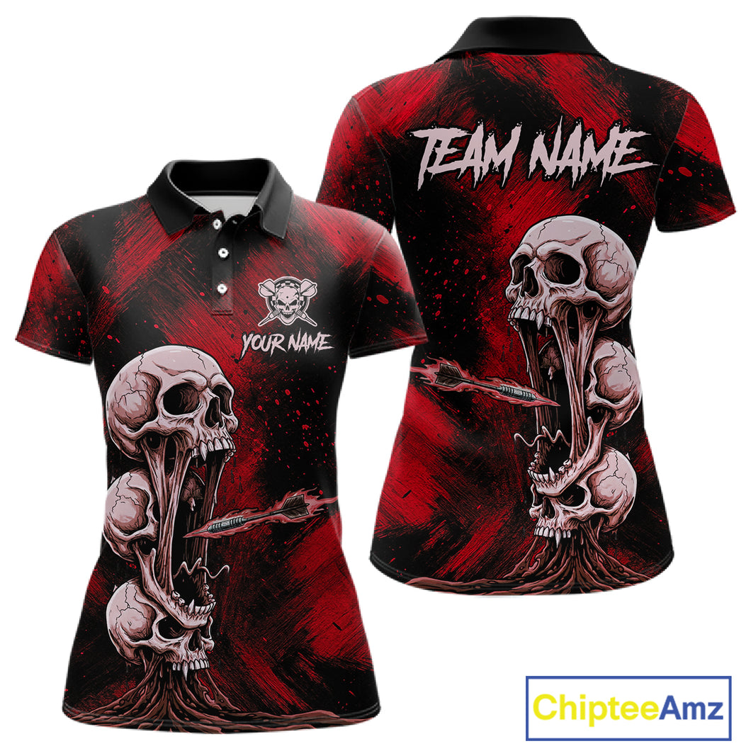Custom Red Grunge Creepy Skull Flame Dart Arrow Women Darts Polo Shirt Dart Jerseys NYN1939