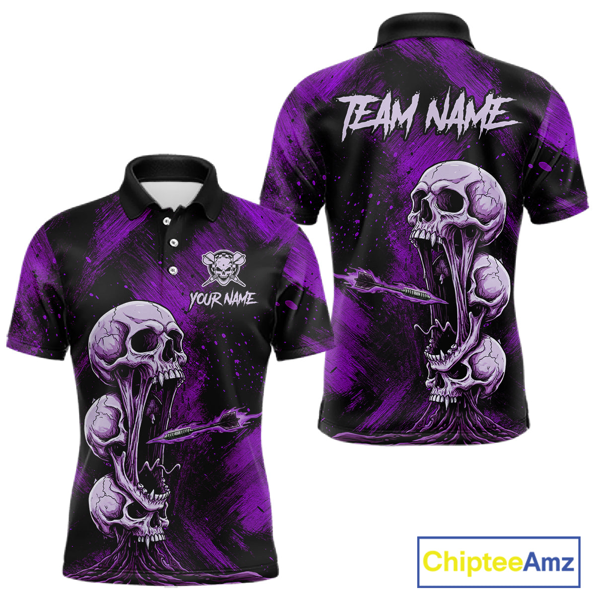 Custom Purple Grunge Creepy Skull Flame Dart Arrow Men Darts Polo Shirt Dart Jerseys NYN1940